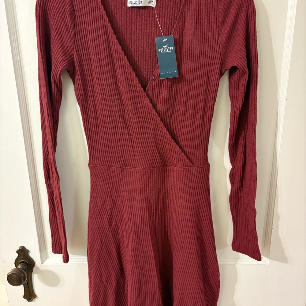 Hollister Women's Burgundy Ribbed Long Sleeve Dress
